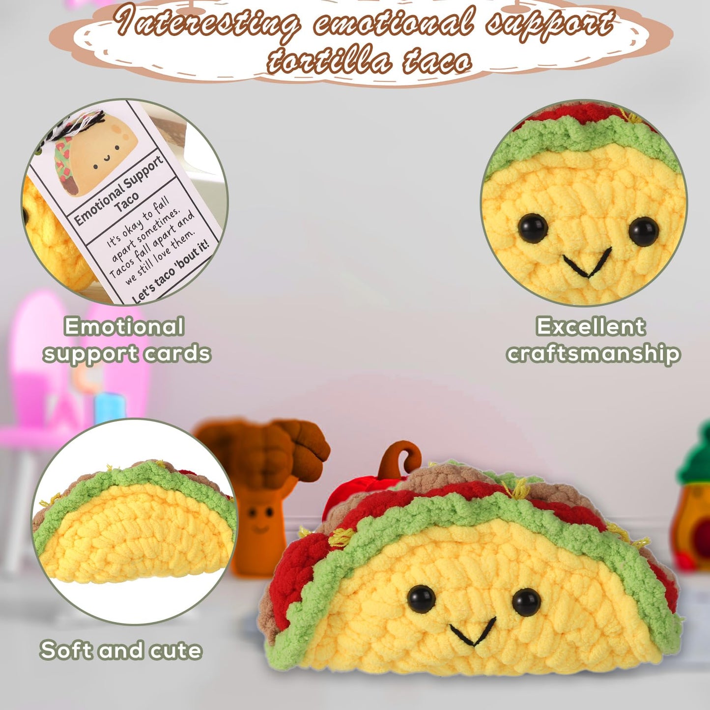 Emotional Support Taco, Crochet Emotional Support Plush, Handmade Taco Potato Toy Plush With Positive Words, Adorable Knitted Doll Inspirational Gift Encouragement Ornament For Friends And Family