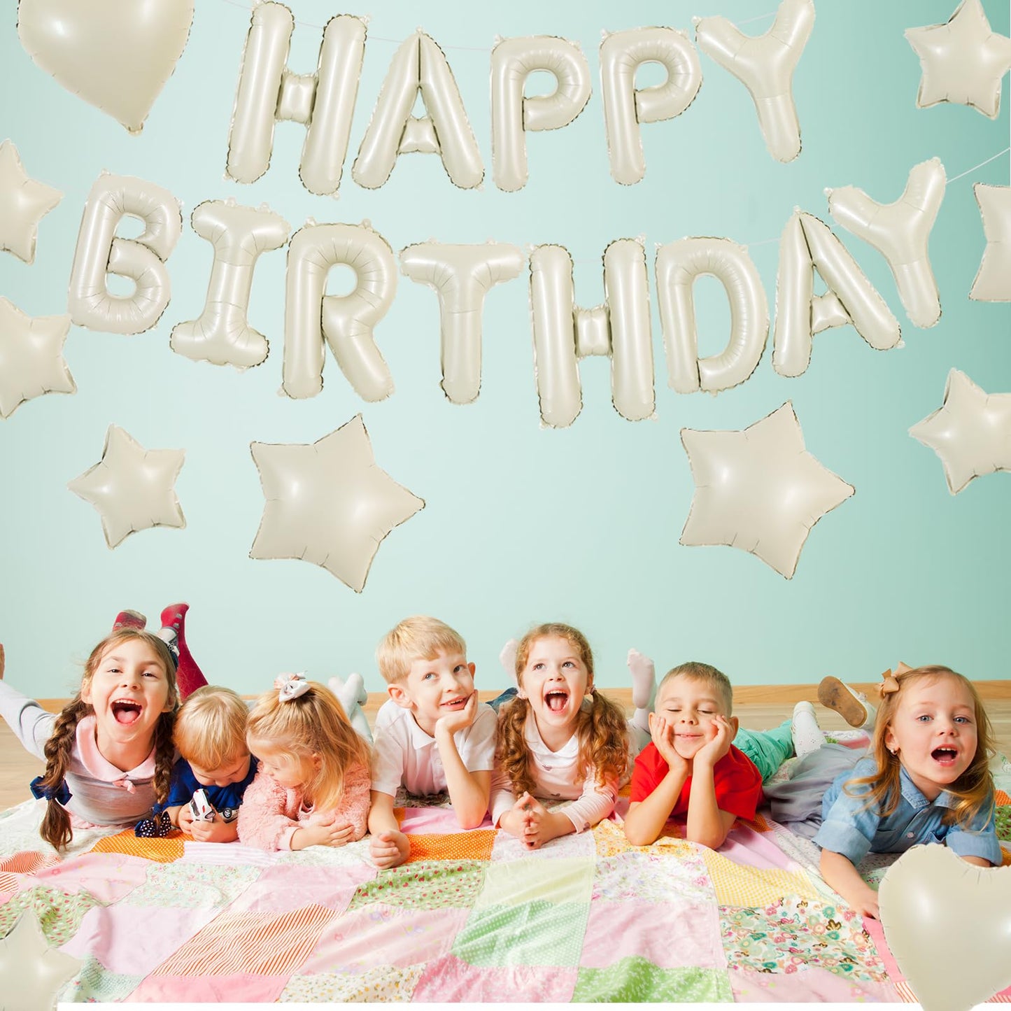TONIFUL 31PCS Cream White Happy Birthday Decorations 16 Inch Happy Birthday Balloon Banner with Star Heart Balloons Mylar Foil B
