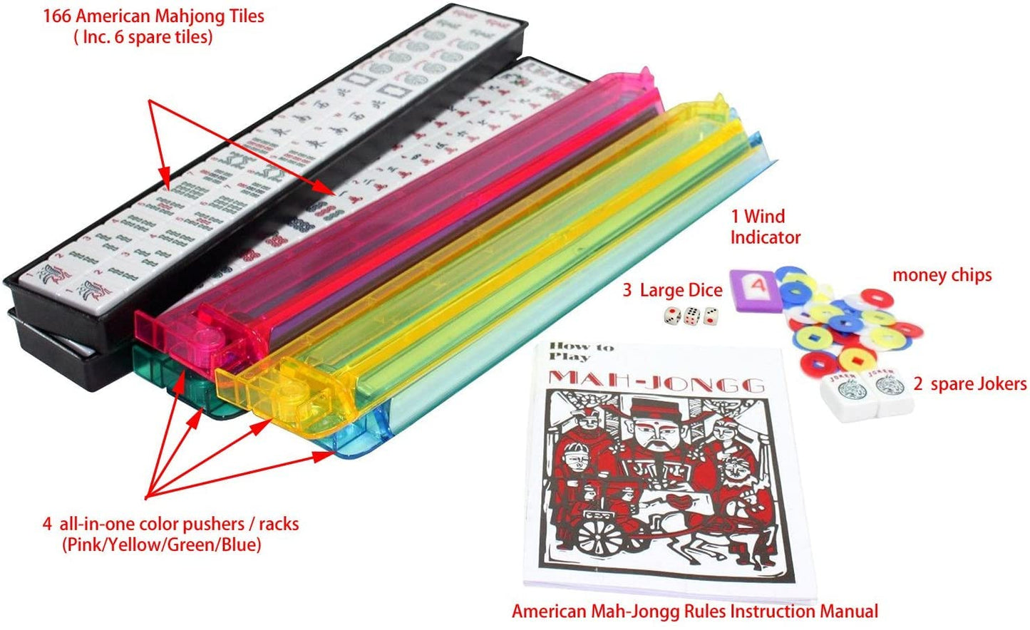Usamjtable American Mahjong Set 166 Tiles 4 All In One Pusher Rack Combo (Phoenix Red)