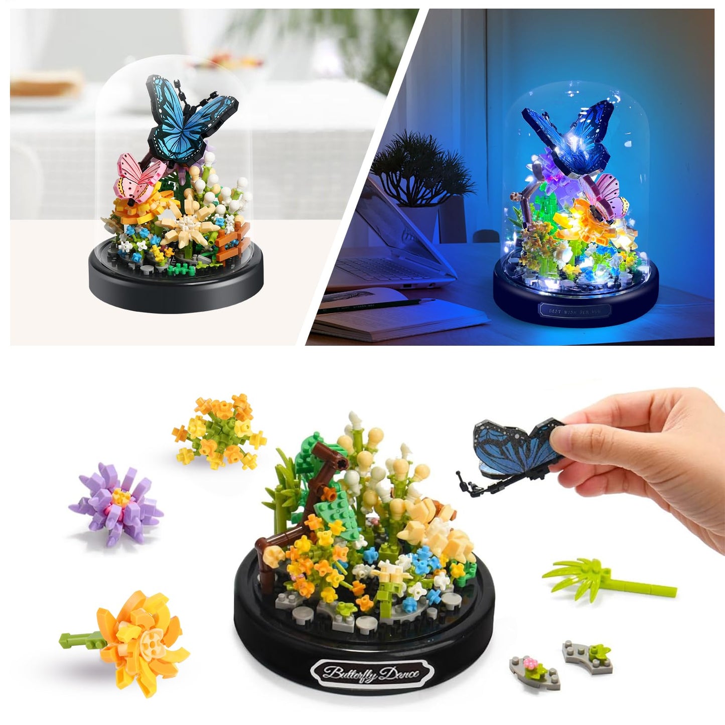 ZQJKLE Flower Bouquet Butterfly Building Set with LED String Light, Butterfly Flower Botanical Collection, 530 Pcs Mini Bricks B