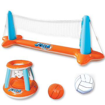 Joyin Inflatable Pool Float Set Volleyball Net & Basketball Hoops, Floating Swimming Game Toy For Kids And Adults, Summer Floaties, Volleyball Court (105”X28”X35”)|Basketball (27”X23”X27”),L-Orange
