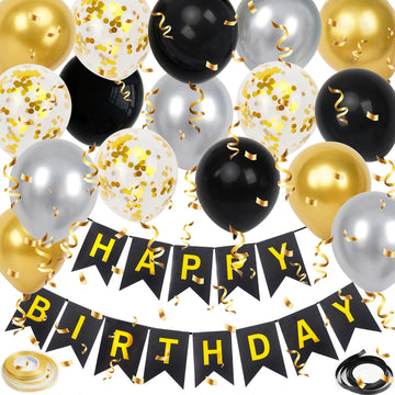 Happy Birthday Banner, Black Gold Birthday Decoration, 16 Pcs 12In Happy Birthday Balloons With 2 Ribbons For Men Women Girls An
