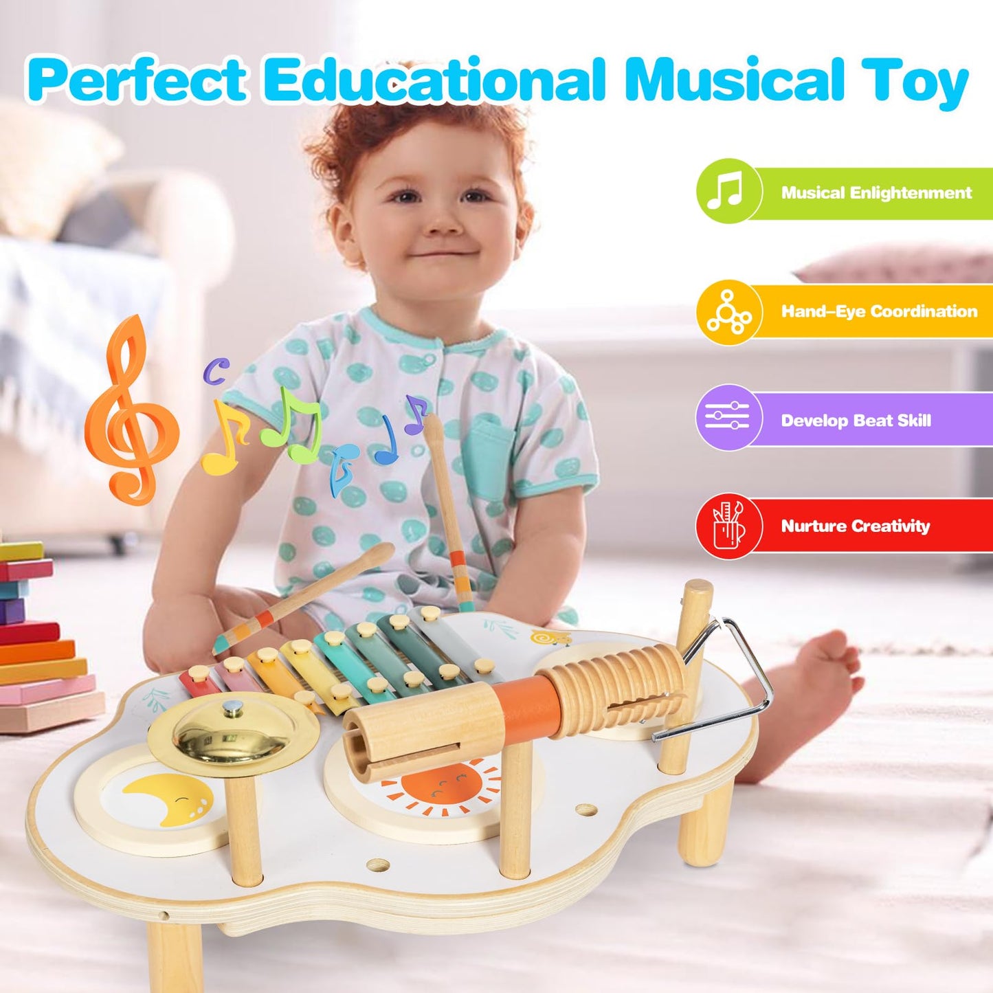 Twefex Kids Drum Set - 9 In 1 Baby Drum Set For Toddlers - Montessori Musical Instruments Toy For Babies - Wooden Xylophone Musi