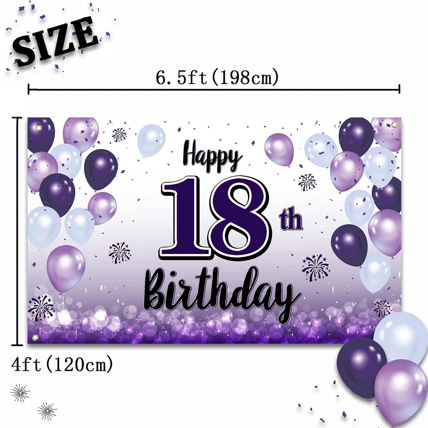 LASKYER Happy 18th Birthday Decorations,18th Purple Balloon Large Birthday Banner Backdrop Sign,Cheers to Eighteen Years Old Bda