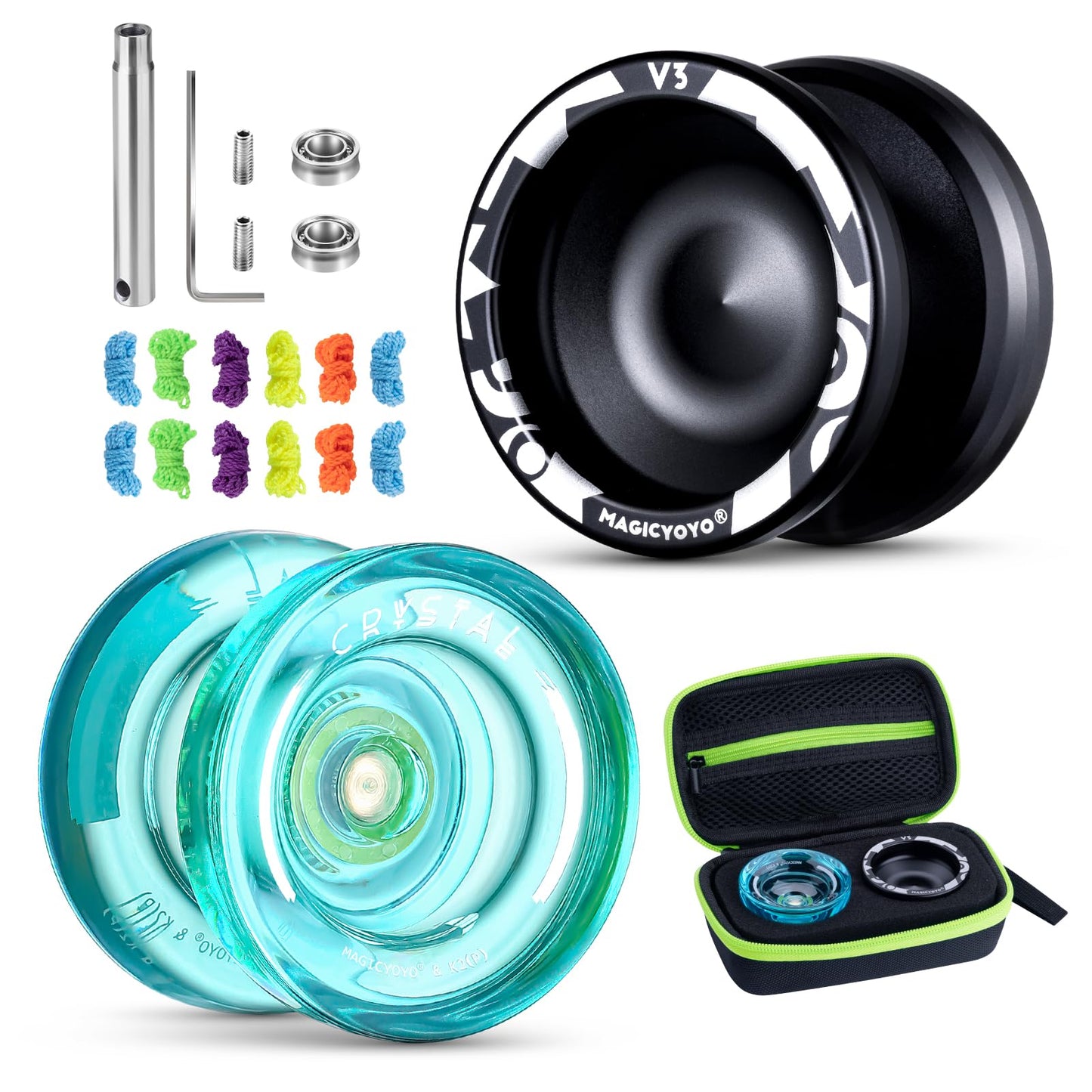 Magicyoyo Professional Pack Of 2 Yoyos V3+K2, Responsive Yoyo For Kids Beginner, Dual Purpose Trick Yoyo With Unresponsive Yoyo Bearing For Adults/Advanced+Extra Yo-Yo Case + 12 Yoyo Strings