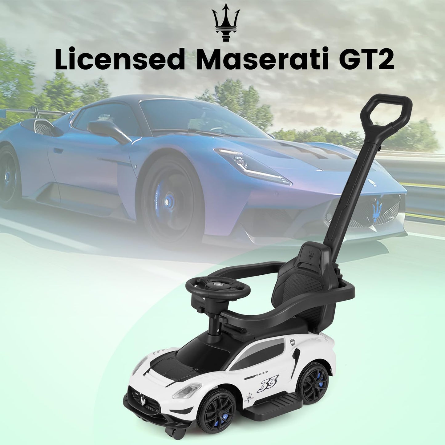 OLAKIDS 3 in 1 Ride on Push Car, Licensed Maserati Baby Sliding with Removable Parent Control Handle, Universal Wheels, Safe Gua