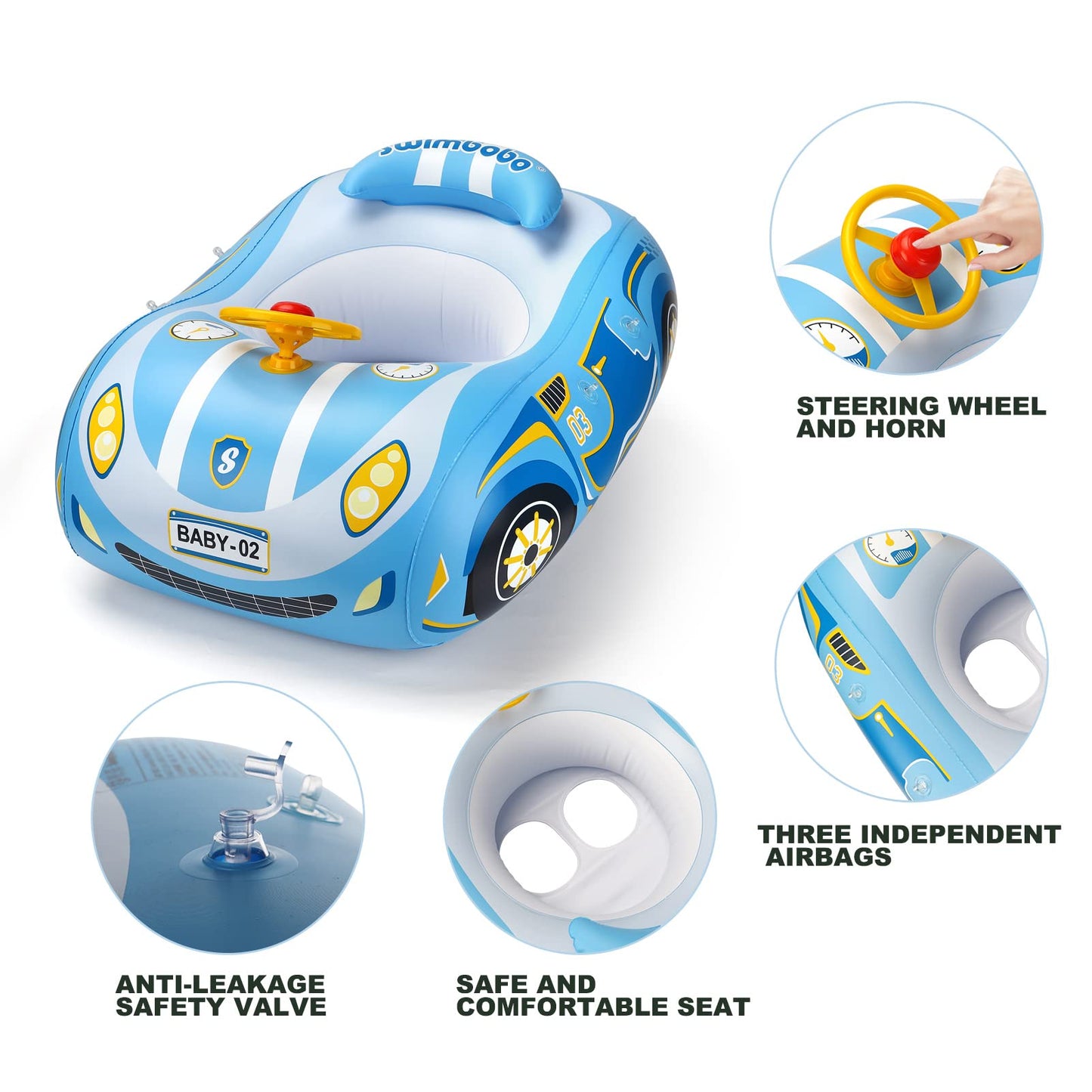 Toddler Pool Float with UPF50+ Adjustable Canopy Car Shaped Baby Swimming Float Infant Baby Floatie Boat for Kids 3+ Years(Blue Car)