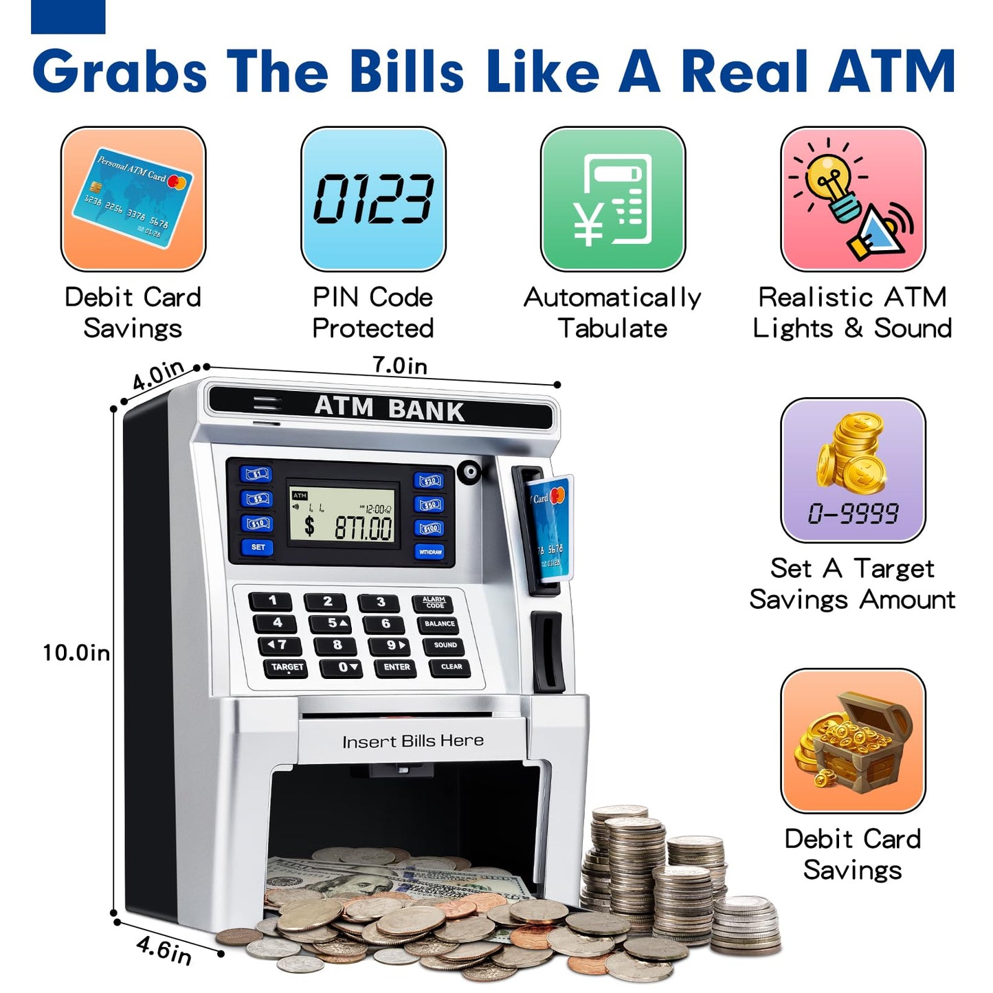 Baodlon Piggy Bank For Kids, Atm Machine Bank For Real Money With Debit Card, Bill Feeder, Coin Recognition, Balance Calculator, Electronic Savings Safe Box, Cool Stuff Toys Gifts For Teen Boys Girls
