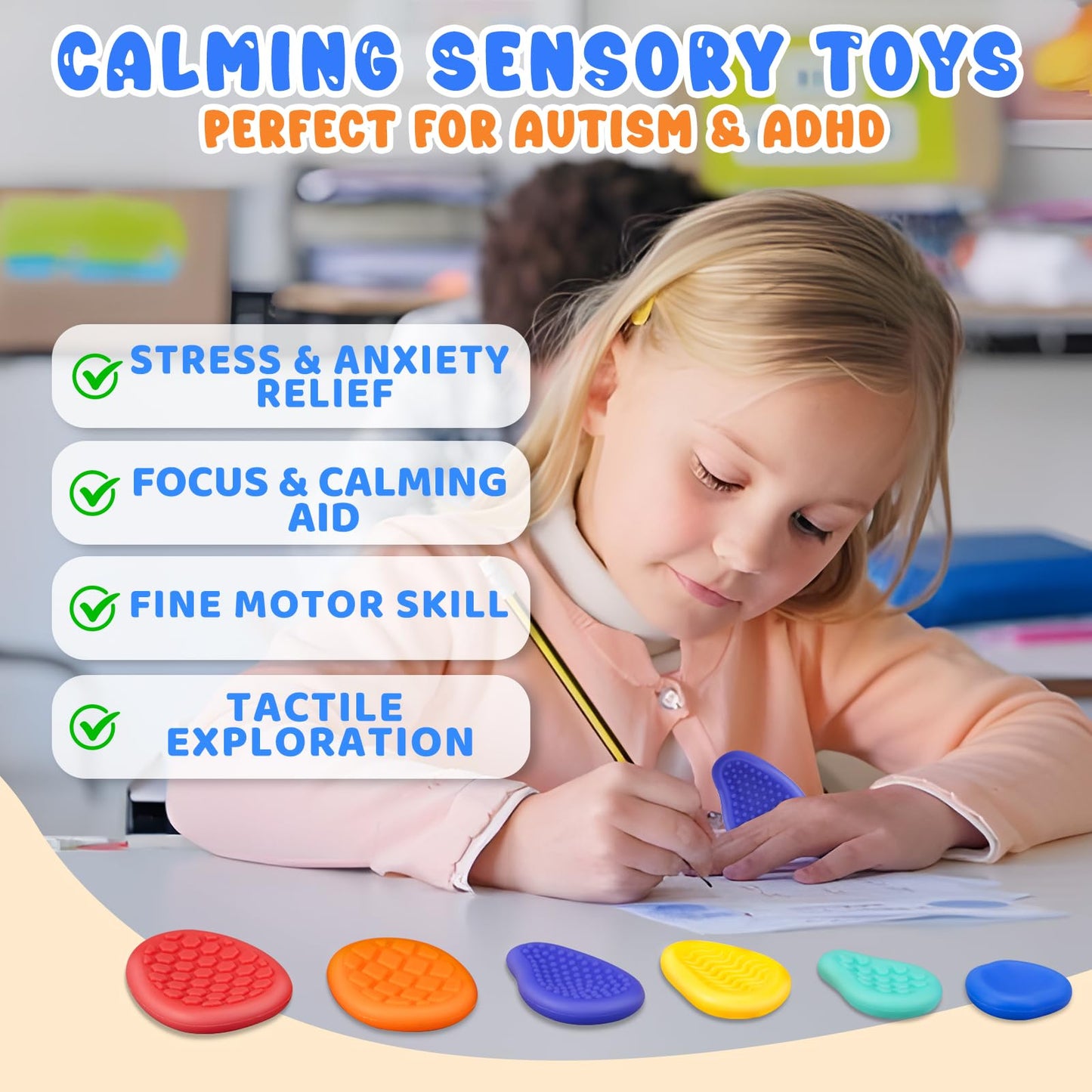 Fidget Sensory Toys For Kids & Adults With Autism Adhd: 6-Pack Silent Small Anxiety Relief Items, Quiet Fidgets & Worry Stones F