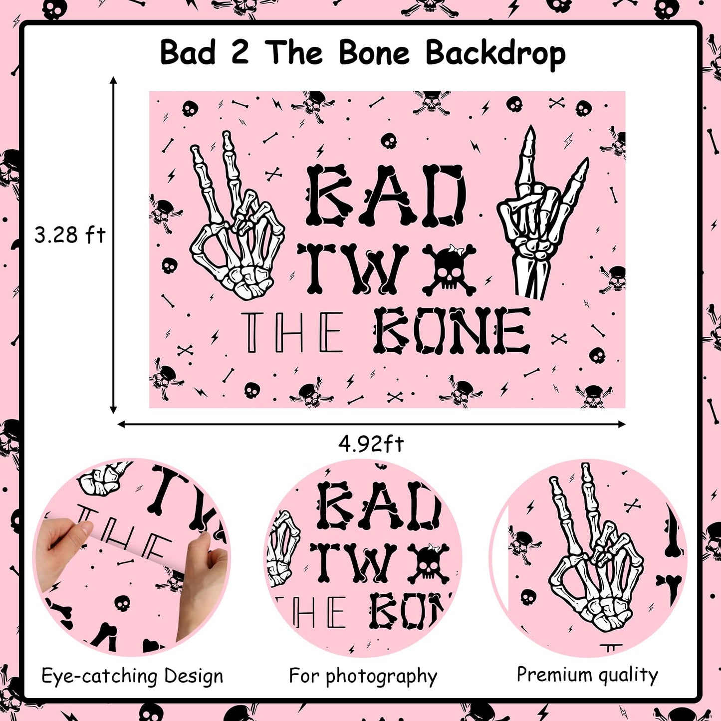 Wonmelody Skeleton Theme Birthday Backdrop Banner, 5x3ft Polyester, Pink & Black, 2nd Birthday Decorations, Model CA-F-PA-11519