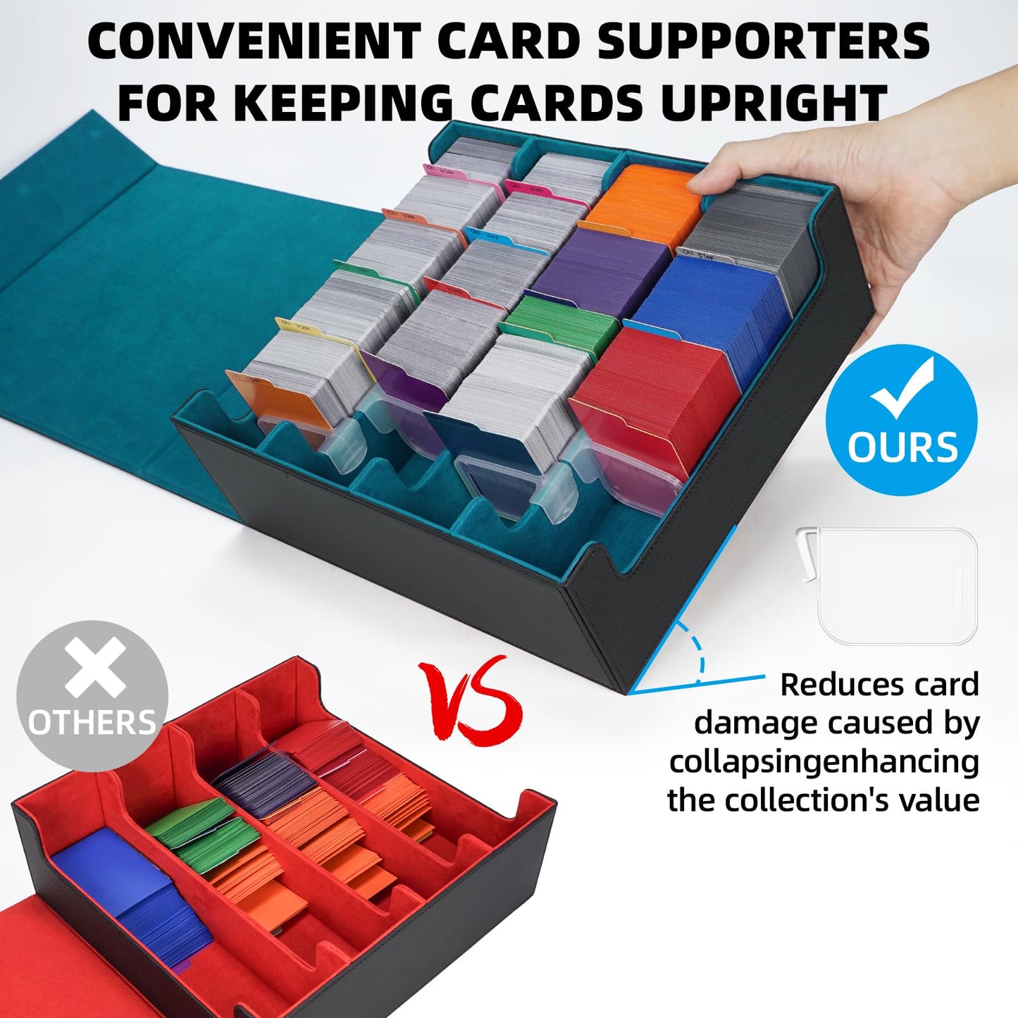 AFIING 4-Row Trading Card Storage Box - Holds 3200+ Cards  48 Dividers & 4 Stoppers  Card Deck Box for MTG TCG Sports Cards - Includes 1 Dice Bag(Black Cyan)