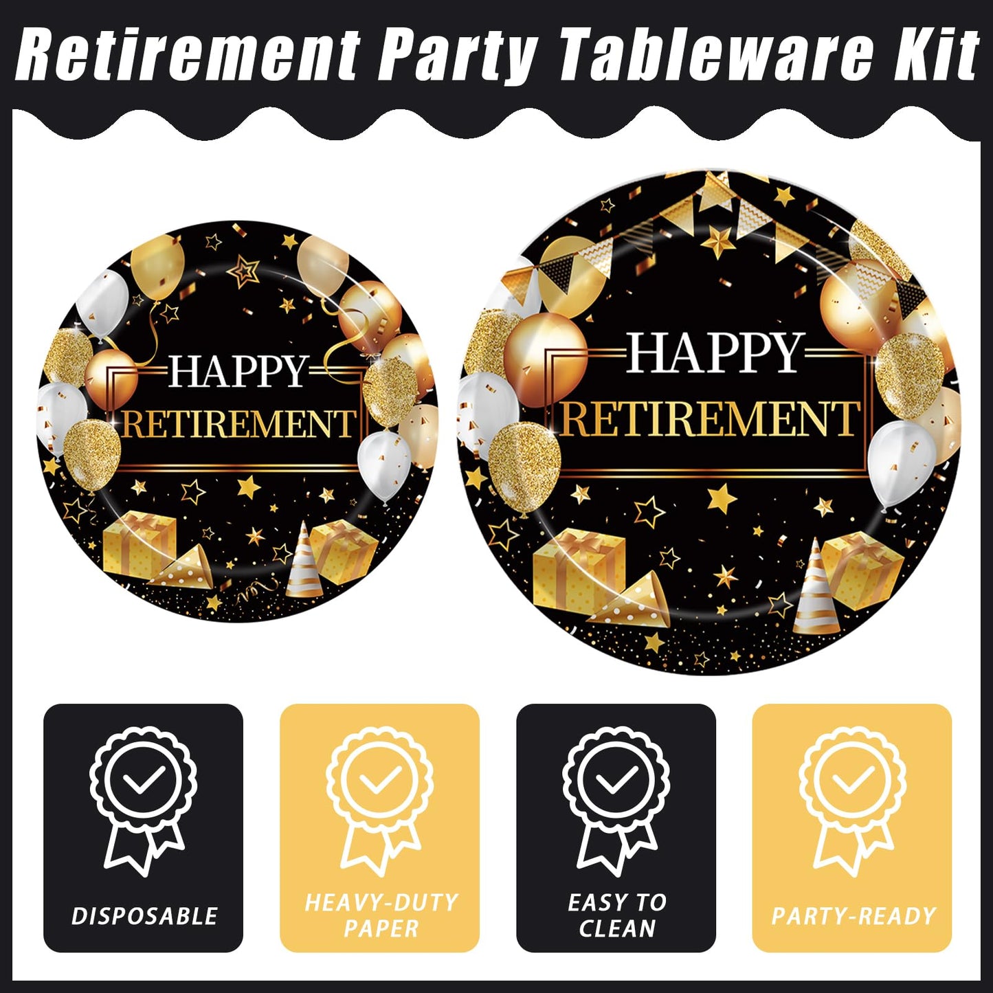Kepeel 96 Pcs Retirement Party Plates And Napkins Set, Happy Retirement Party Supplies Decorations For Men Women Gold And Black