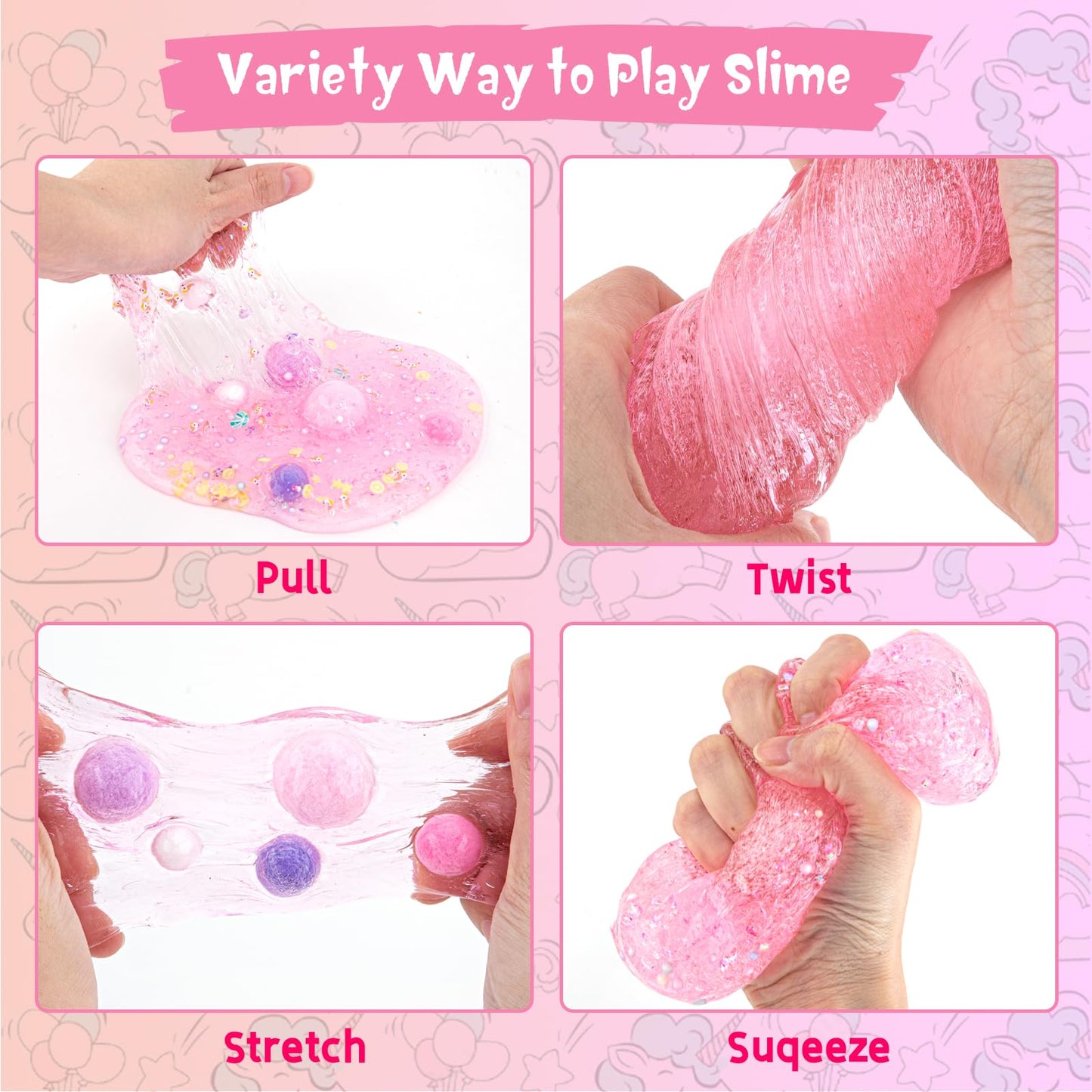 10 Fl Oz Unicorn Slime Kit, Pink Clear Slime Bucket, Slime Party Favors For Kids, Glimmer Crunchy Slime Includes 9 Packs Of Slim