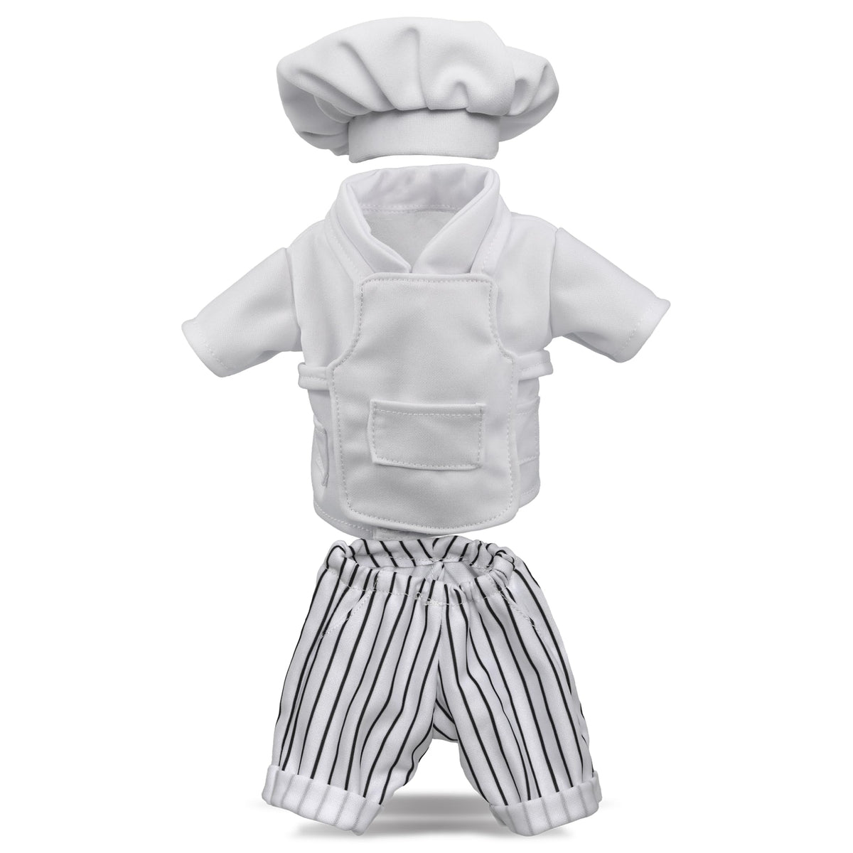 DolliBu Chef Stuffed Animal Dress Up Set  4Piece KitchenThemed Outfit with Chef Hat, Coat, Apron, and Pants Costume, Pretend 