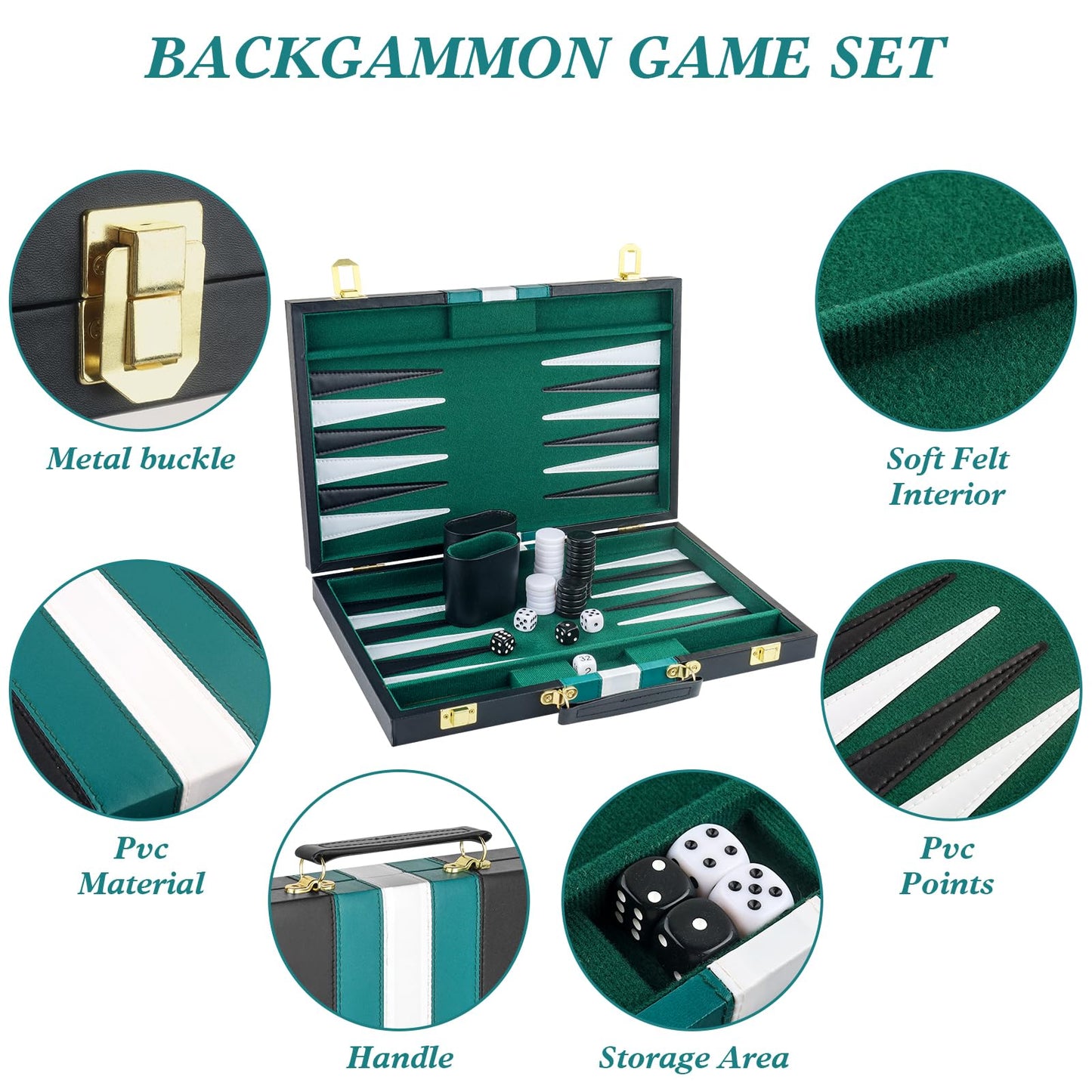 RERIVER Backgammon Set for 2 Players - Classic Green Leatherette Case, 15 inch Portable Travel Board Game