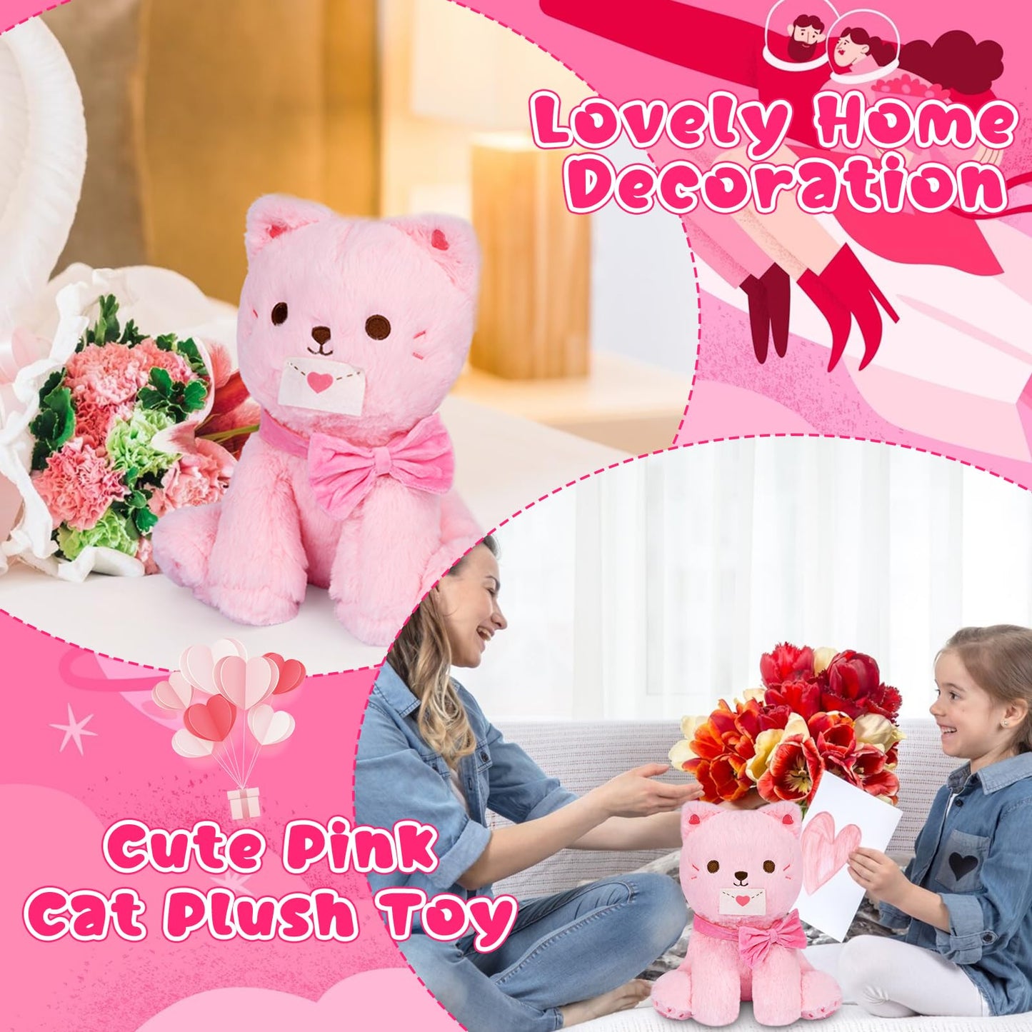 Lsydcarm Valentines Stuffed Animal Cat Plush, Pink Cat Stuffed Animals With Envelope, Kawaii Valentines Plushie Doll, Idea Gifts