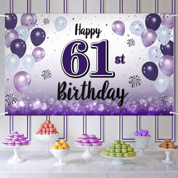 LASKYER Happy 61st Birthday Decorations,61st Purple Balloon Large Birthday Banner Backdrop Sign,61 Years Old Bday Party Supplies
