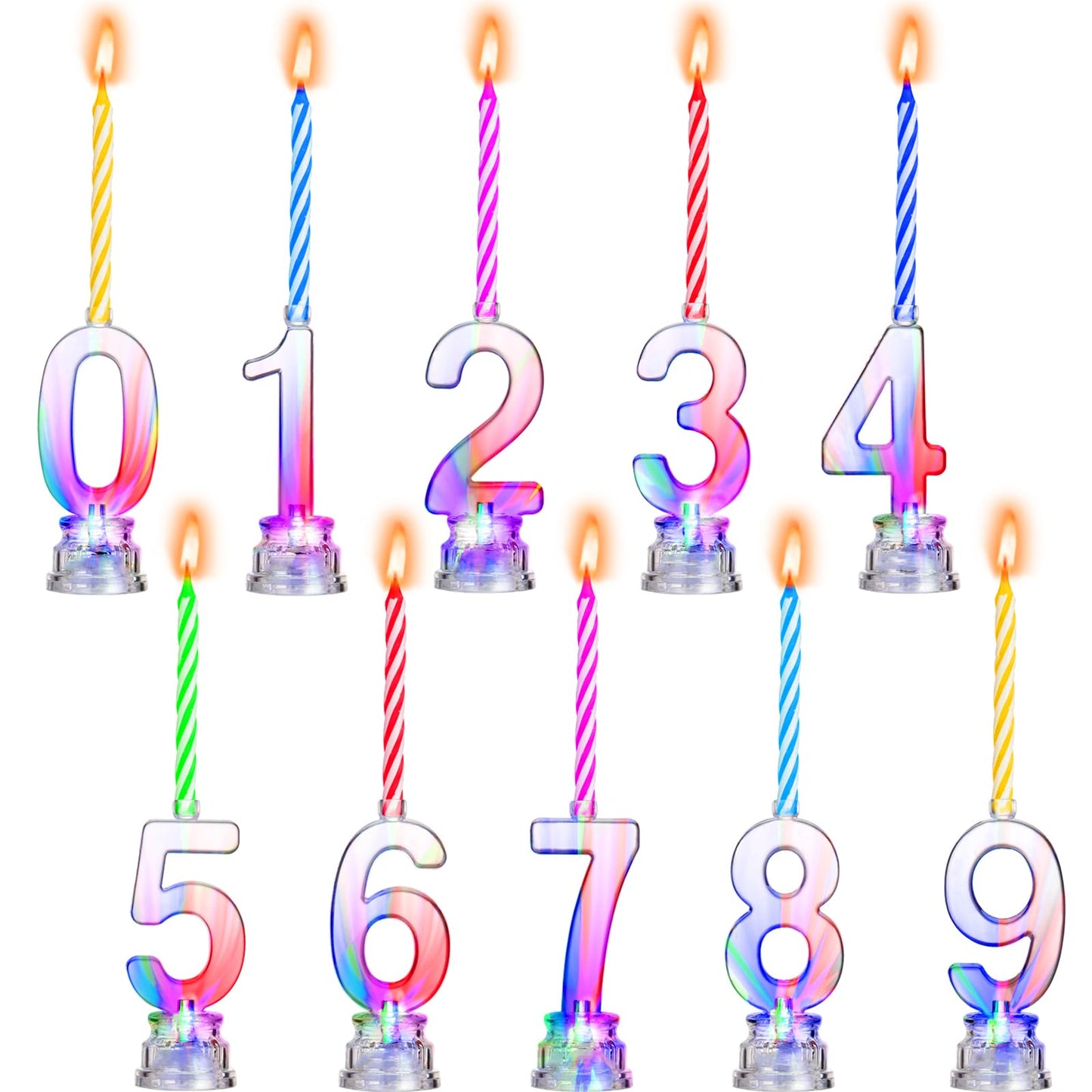 Boao 50 Pcs Birthday Number Candle Set Includes 10 Pcs Multicolor LED Flashing Number Candles with Transparent Shell and 40 Pcs 