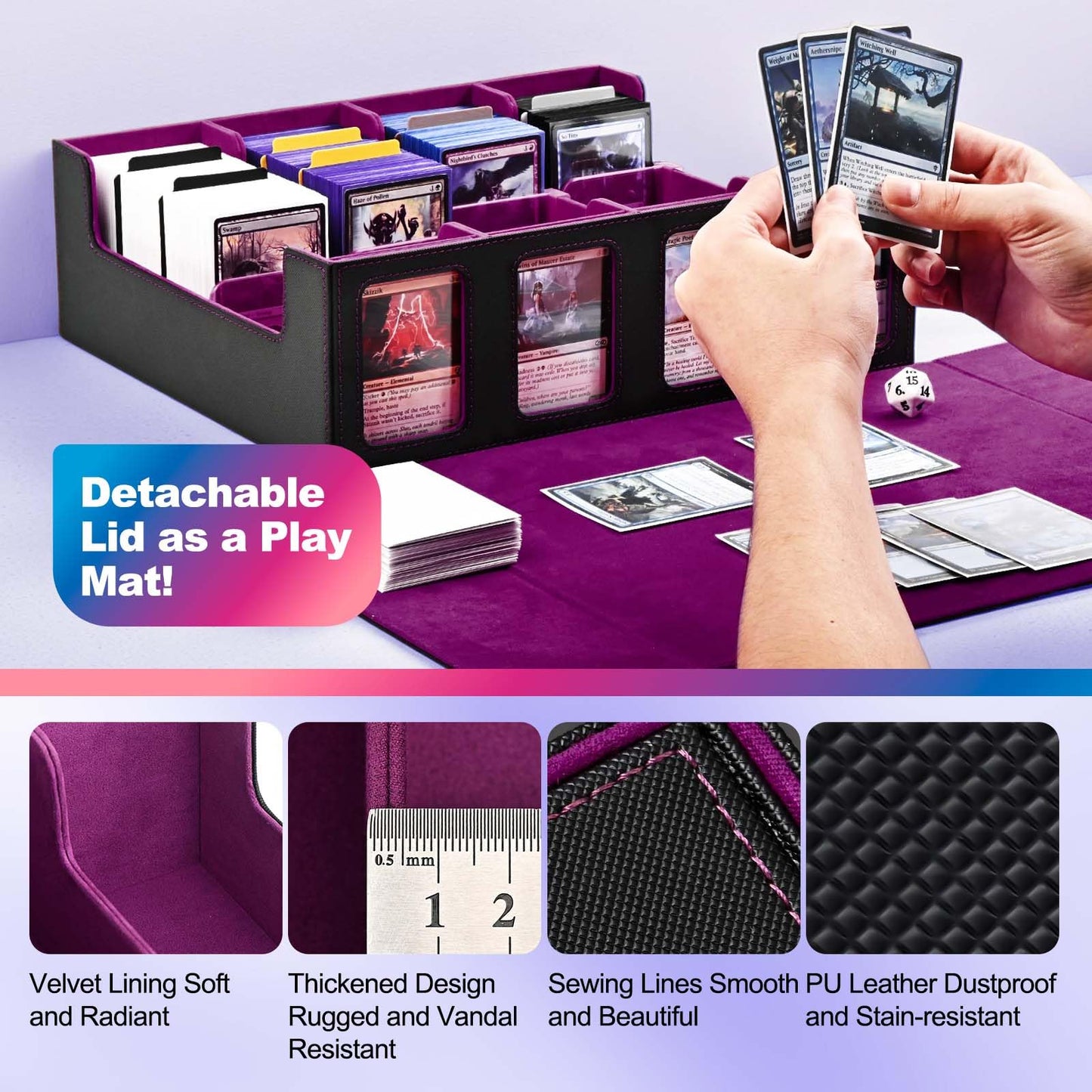 Uaono Trading Card Storage Box With Commander Display; 2400+ Deck Box For Mtg With Removable Cover; Toploader Card Case Fits Magic Tcg Ptcg Sports Cards; 24 Dividers, 4 Stoppers (Black, Purple)
