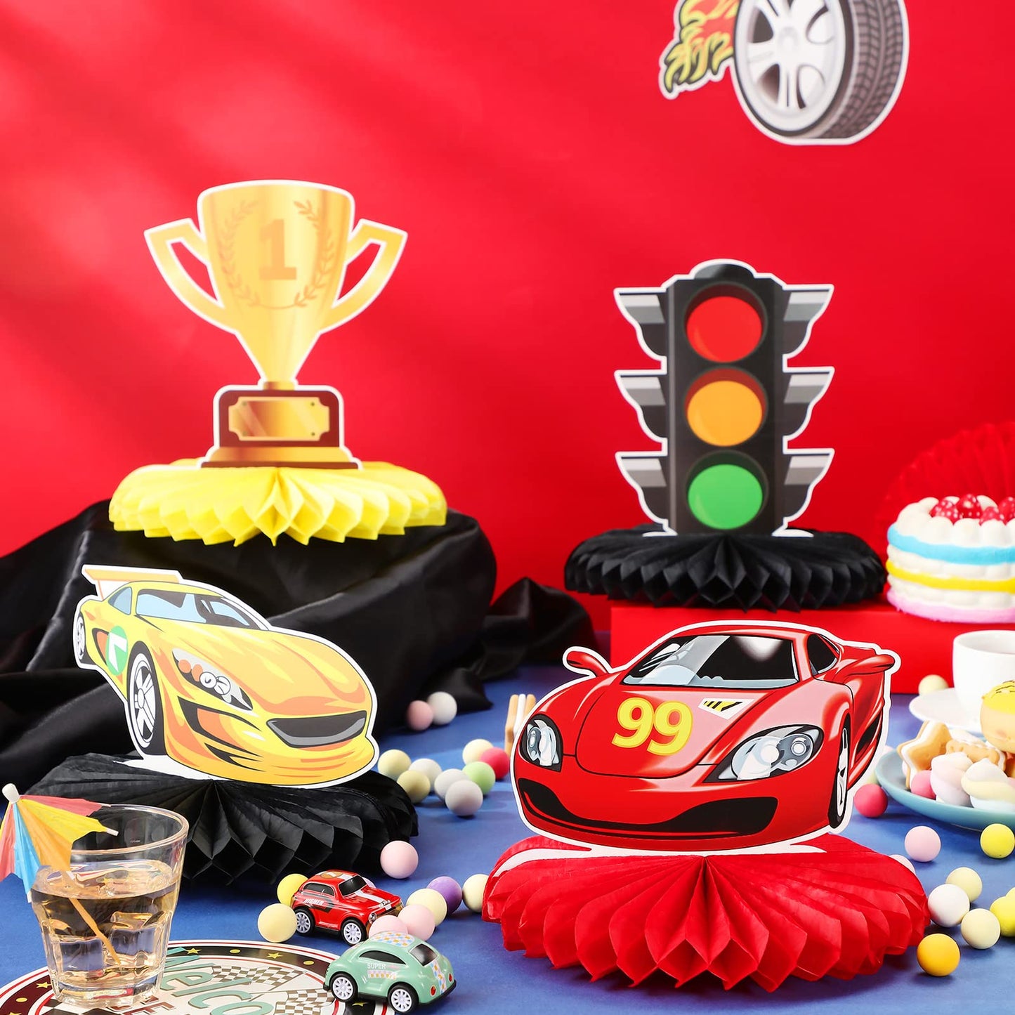 9 Pieces Race Car Party Decorations Race Car Honeycomb Centerpieces Racing Party Table Decor Double-Sided Cars Photo Booth Props