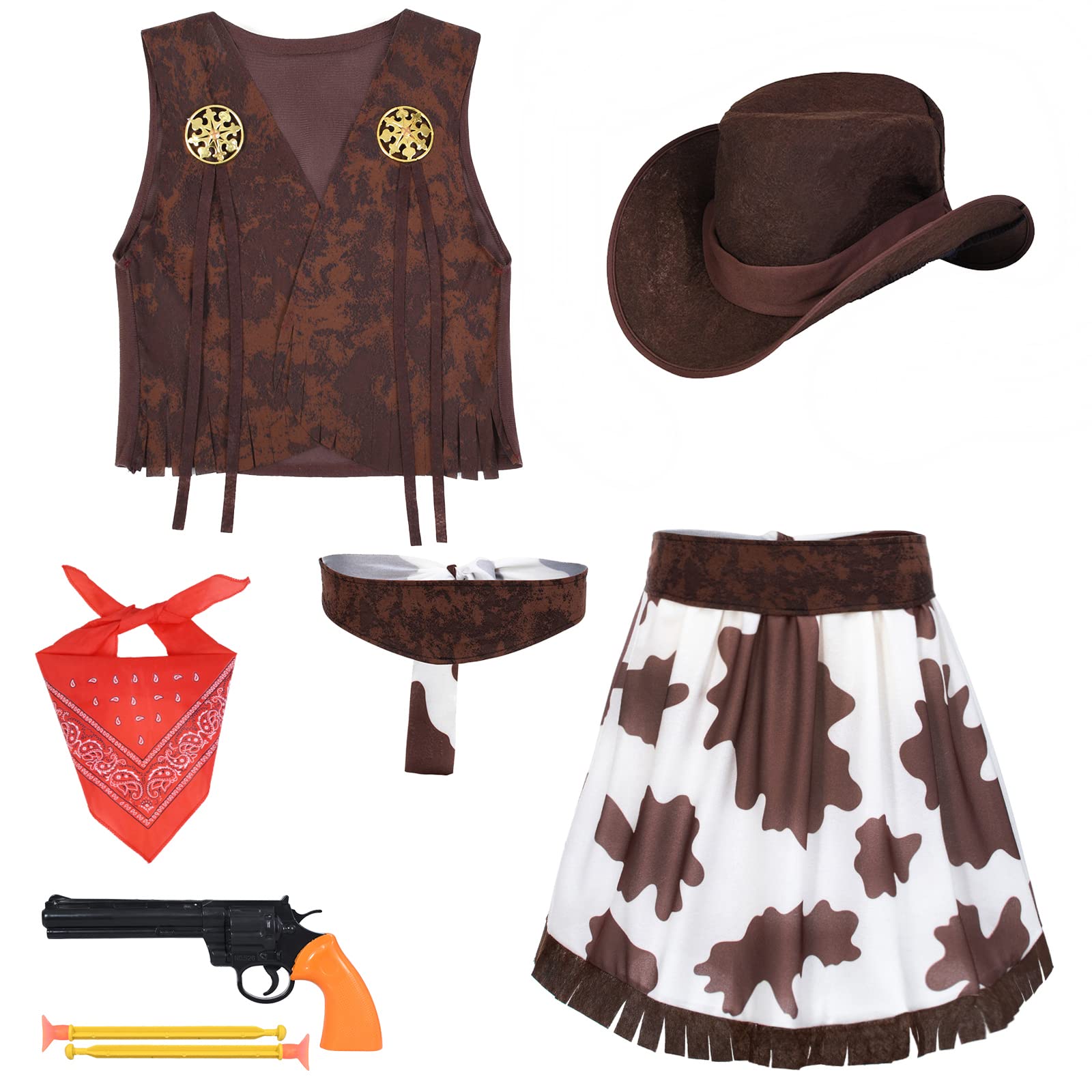 Cowgirl Costume For Girls 6Pcs Set Kids Dress Up Birthday Halloween Party Cosplay 6-7 Years