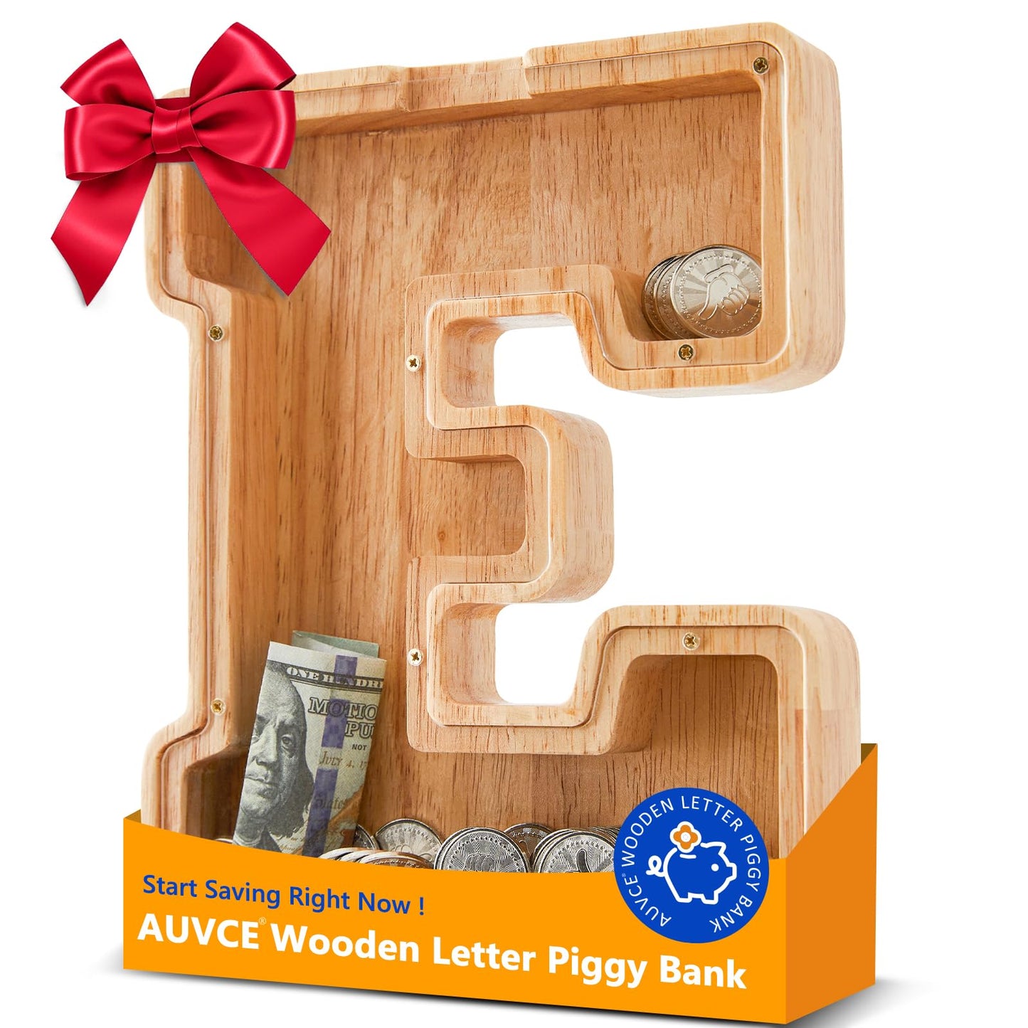 Wooden Letter Piggy Bank for Kids  Initial Coin Bank for Boys and Girls  First Name Personalized Savings Bank for Birthday Boys Girls Gift Piggy Bank for Kids (Wood  S9-E)