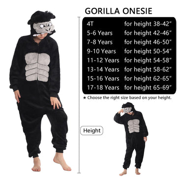 WAFUNNE Animal Onesie Costume for Kids Child Boys Girls Womens Mens Cosplay Halloween Costumes Easter Onesies Black Gorilla 130