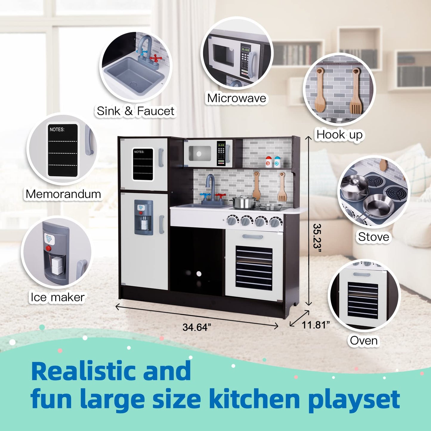 TOOKYLAND Kids Kitchen Playset, Wooden Chef Play Kitchen for Toddler with Sink,Oven,Range Hood,Stove,ice Maker and Microwave, Pr