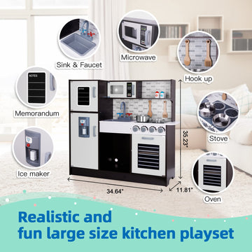 TOOKYLAND Kids Kitchen Playset, Wooden Chef Play Kitchen for Toddler with Sink,Oven,Range Hood,Stove,ice Maker and Microwave, Pr