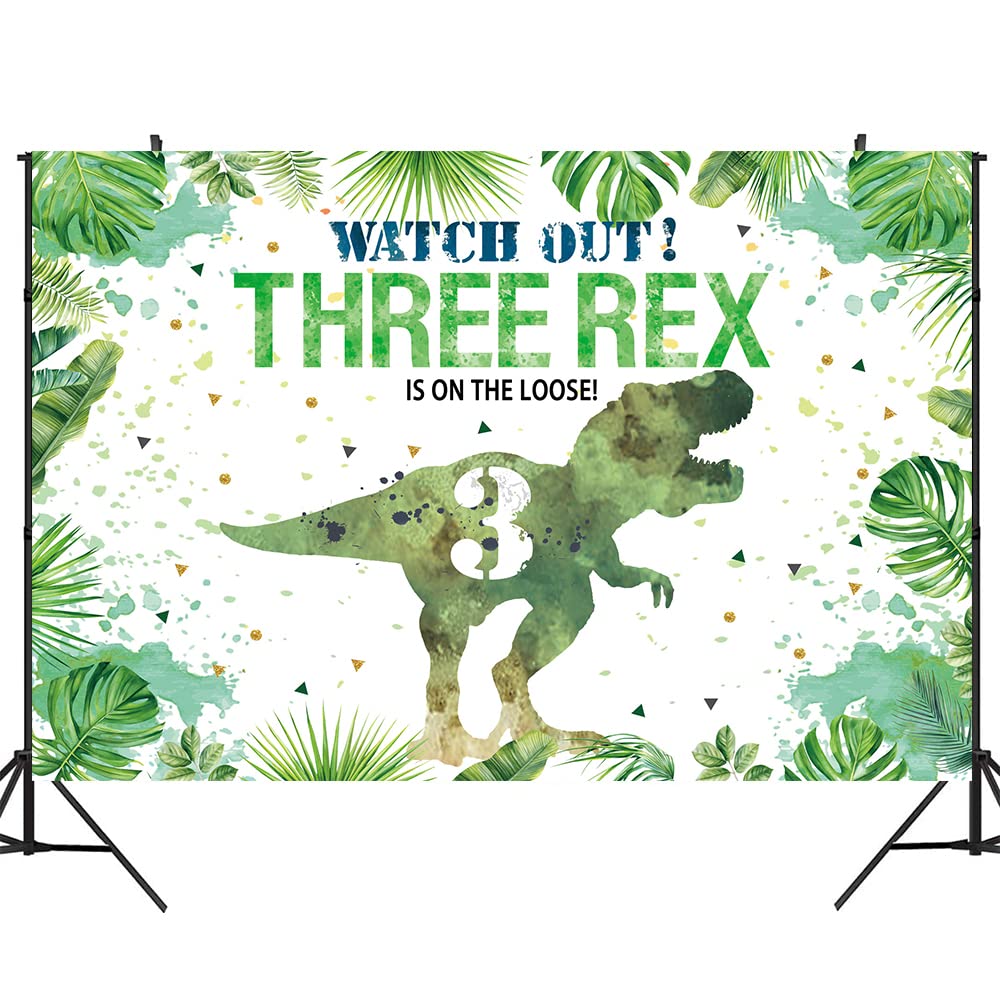 Hilioens 8  6Ft Three-Rex Birthday Backdrop For Boys Dinosaur 3Rd Birthday Green Leaf Background 3 Years Old Dinosaur Theme Part