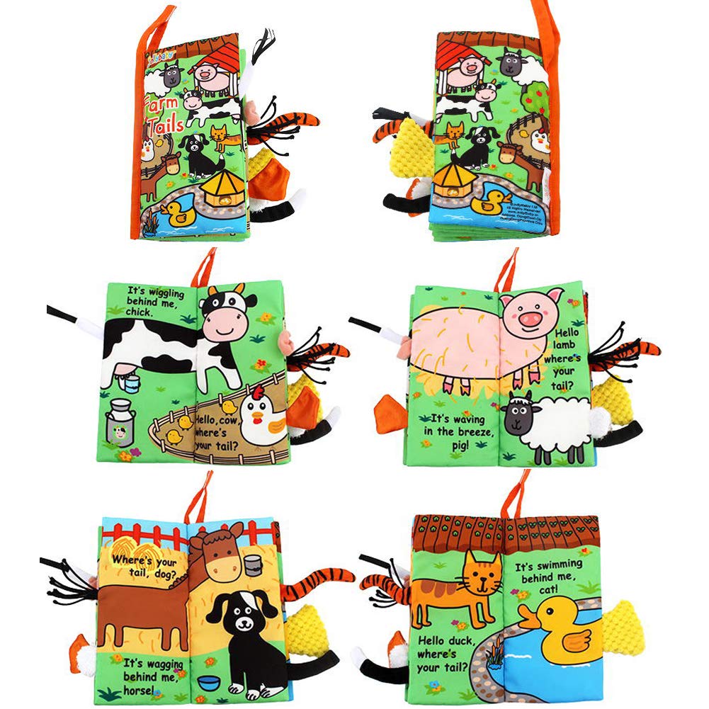Zocita Baby Soft Animal Tails Activity Cloth Book With Crinkle Fabric, Farm Tails