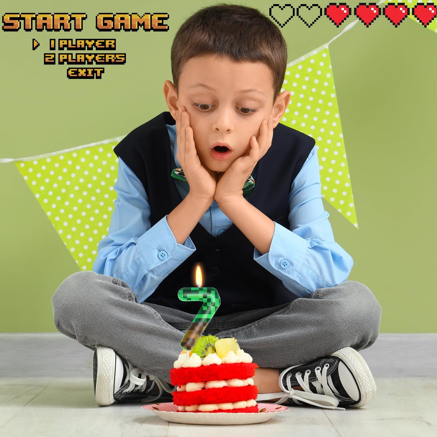 7th Pixel Miner Birthday Candles, Pixels Cake Topper for Boys Girls, TNT Themed Birthday Decorations Party Supplies (Number 7)