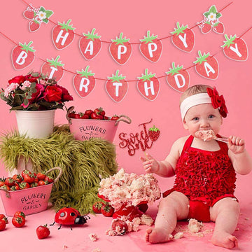 Strawberry Happy Birthday Banner Berry Sweet Girl Banner Sweet Berry Themed 1St Birthday Party Decoration Sunbeauty (Red - Straw