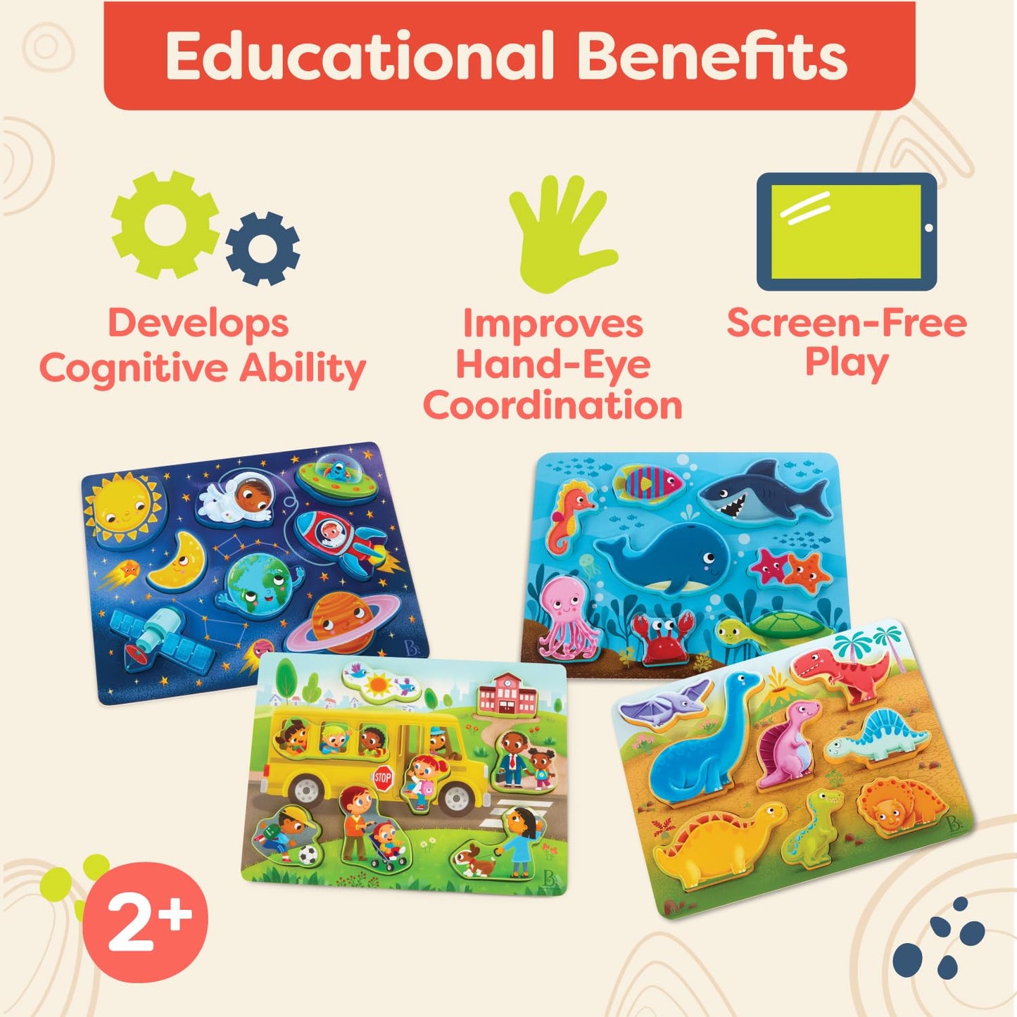 B. Toys- Peek & Explore 4-Pack: Bus, Sea, Space, Dino- Chunky Puzzle 4-Pack – Wooden Puzzles – Sea, Space, Bus, Dinos – 8 Pieces Each – 2 Years +