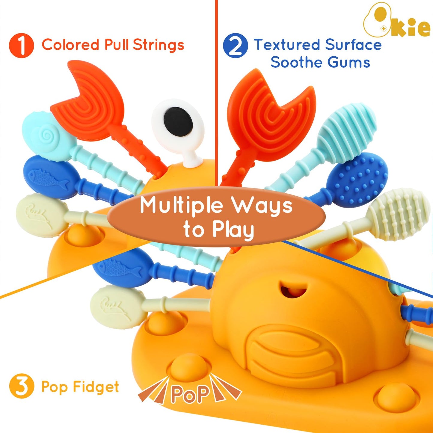 Qkie Montessori Toys for Babies 6-12 Months, Food Grade Silicone Baby Sensory Toys, Cutie Crab High Chair Toys, String Activity