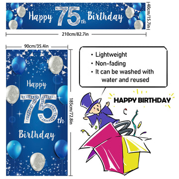 Happy 75Th Birthday Door Cover Porch Banner Sign Set - 75 Years Old Birthday Decoraions Party Supplies For Men - Blue