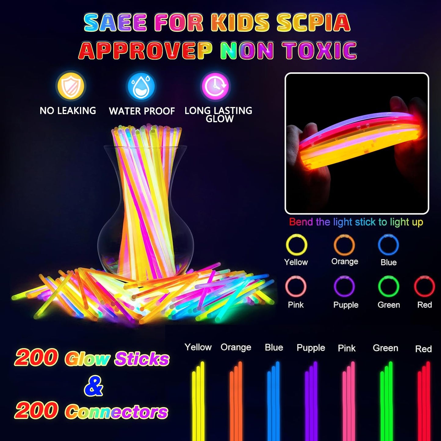 HONLYNE 500 Pcs Glow Sticks Bulk Party Pack, 8 Glow in the Dark Party Supplies, Glow in the Dark Light Up Sticks with Connecto