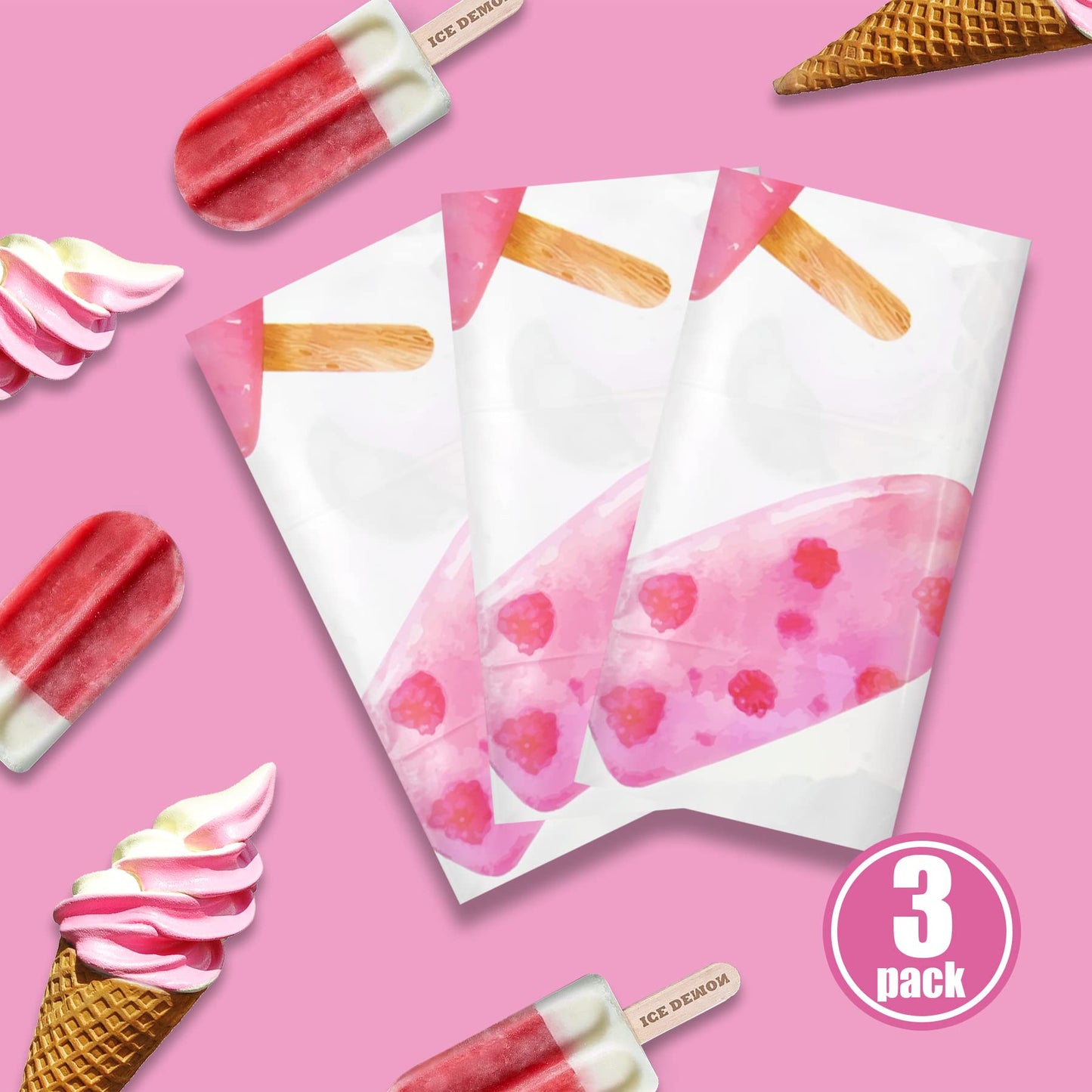 Lianxuia 3 Pieces Ice Cream Plastic Tablecloth, 51 X 86 Inch Ice Cream Party Table Cover, Ice Cream Party Decorations, Suitable