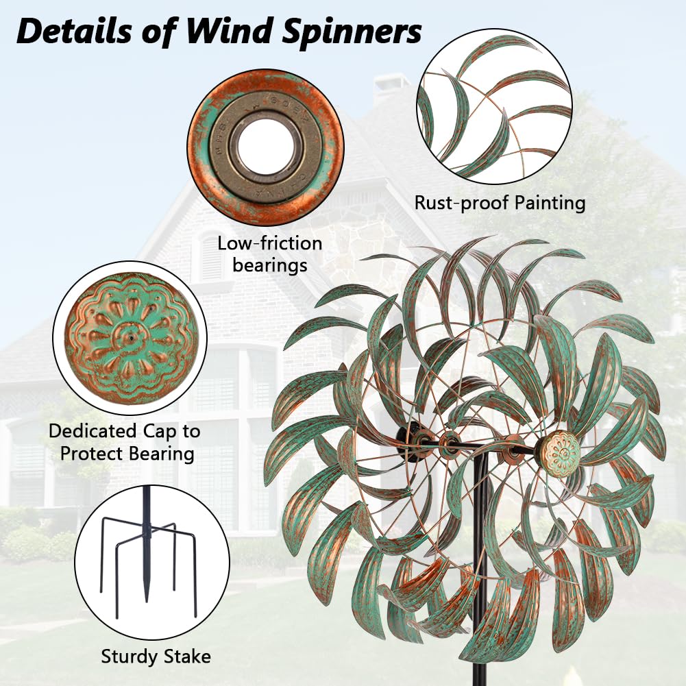 Viveta Large Outdoor Wind Spinner,21 * 85 Inches Metal Wind Sculpture With 4 Sturdy Stakes,Green Double Wind Spinners,Decorative