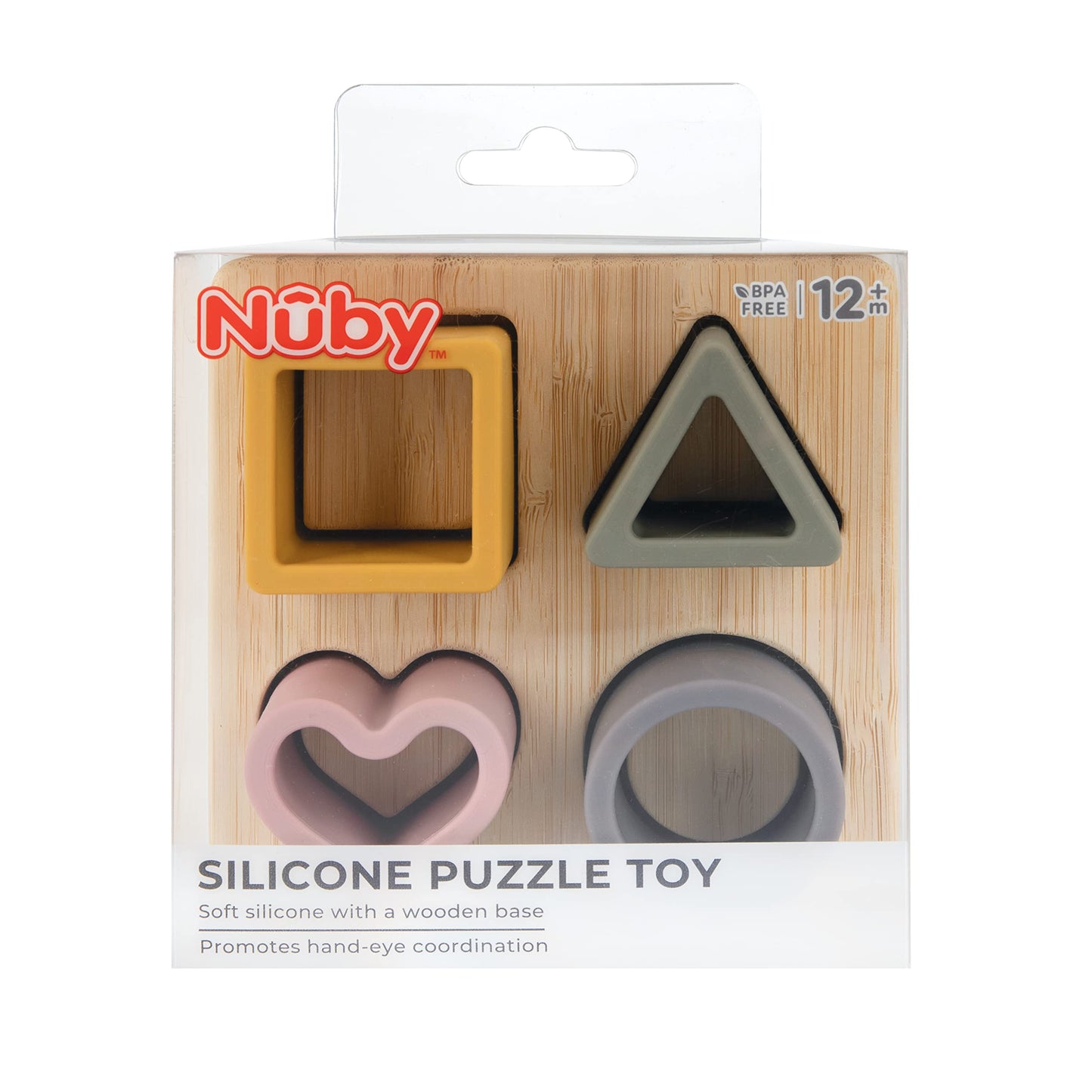 Nuby Soft Shape Silicone Puzzle Toy with Bamboo Wooden Base, Promotes Hand-Eye Coordination, 5 Piece