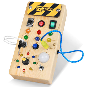 Hoarosall Montessori Wooden Busy Board - 8 LED Light Switches, Sensory Travel Toy for Babies & Toddlers, Brown, Medium Size