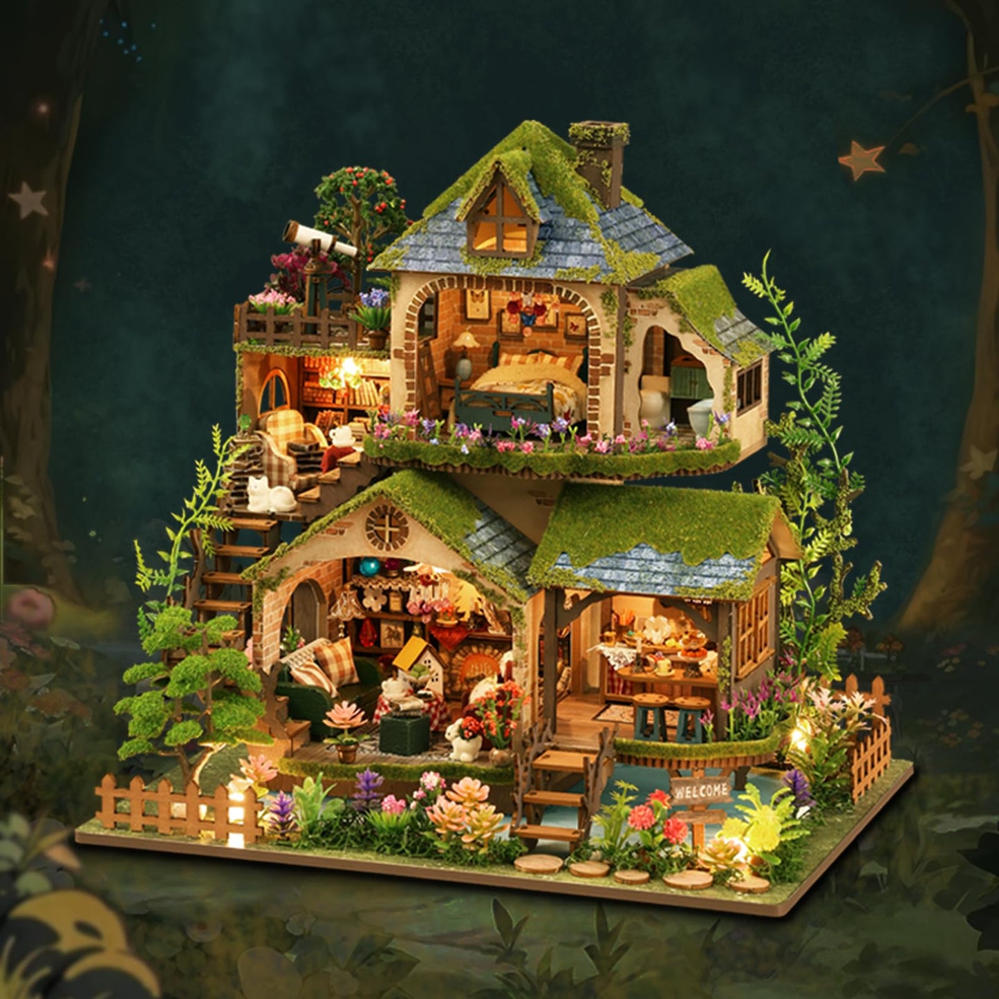 DIY Miniature House Kit - Mini House Building Kit for mature-themeds to Build  Wooden Miniature Dollhouse Kit with LED Light  Tiny Model mature-themed Crafts Doll House Miniature Kit  Unique Gift  Forest Adventure