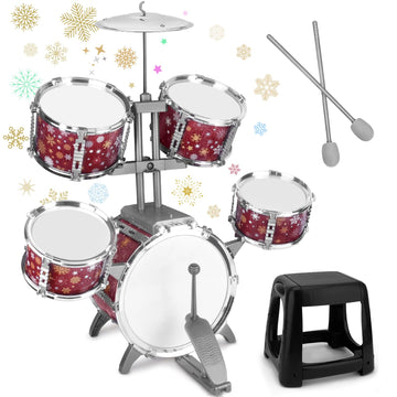 Kids Drum Set For Toddlers 1-3 Musical Jazz Drum With Stool Toys For 2-5 4-6 5-7 Boys Girls Birthday, Red