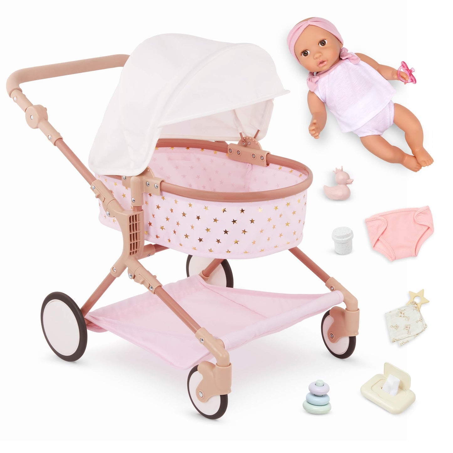 Lullababy - Doll & Twin Stroller Accessories Set - Foldable Canopy & Storage Basket - Pink & Golden Stars Design - Pretend Play
