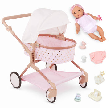 Lullababy - Doll & Twin Stroller Accessories Set - Foldable Canopy & Storage Basket - Pink & Golden Stars Design - Pretend Play