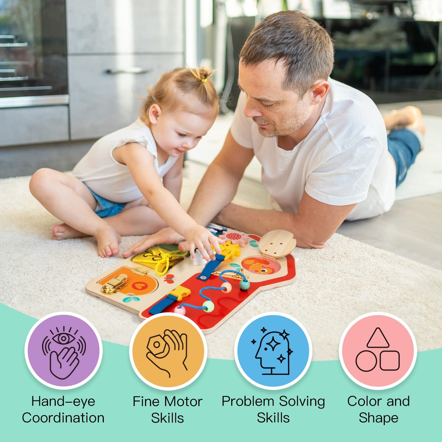 Tookyland Wooden Busy Board - Montessori Activity Board, Preschool Learning Sensory Toy For Kids 3 Years Old +