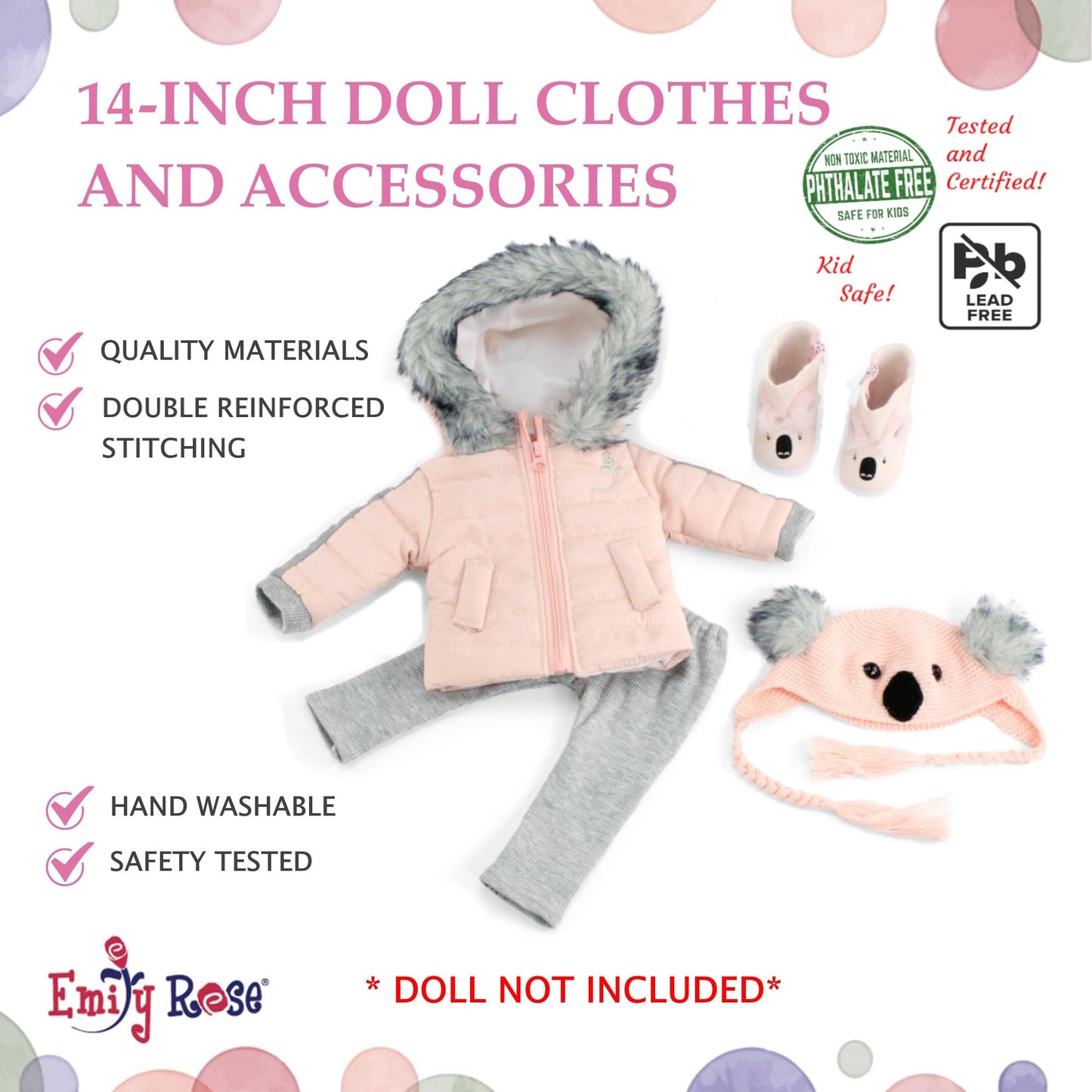 Emily Rose 14 Inch Doll 4-Pc Winter Snow Coat Jacket Outdoor Koala Outfit, Includes Adorable Knit Hat And 14' Doll Boots Accessories | Compatible With Wellie Wishers Dolls