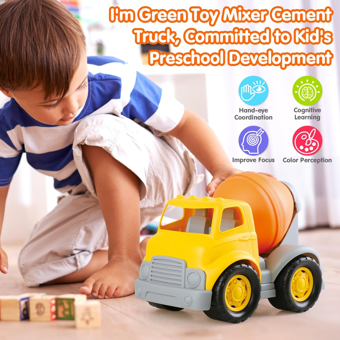 PLAY Eco-Friendly Cement Mixer Toy Truck, [USDA Certified] No BPA/Phthalate/PVC, Recycled Bioplastic Construction Vehicle Gift f