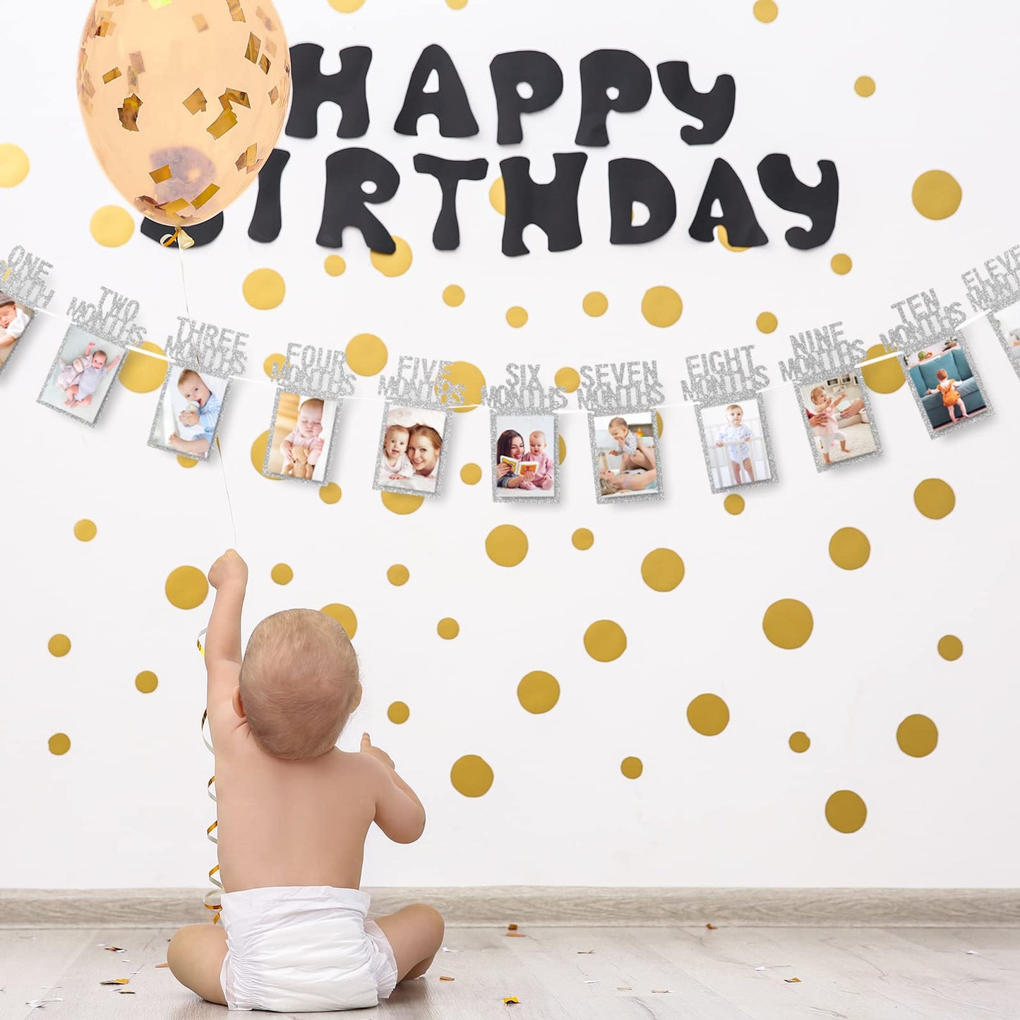Whaline 1St Birthday Baby Photo Banner For Newborn To 12 Months, Monthly Milestone Photograph Bunting Garland, First Birthday Celebration Decoration (Silver)