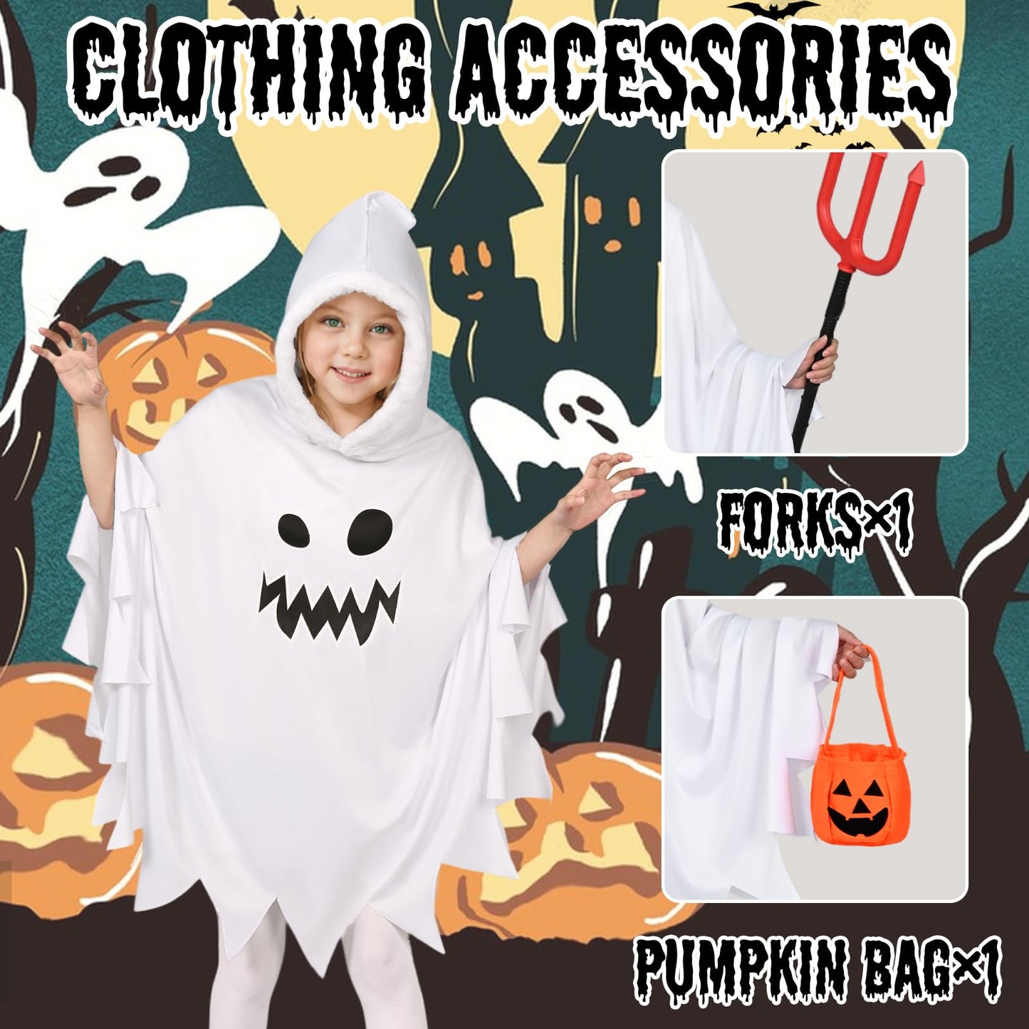 Forfamy Ghost Costume Kids Glow In The Dark Hooded Cloak White Halloween Costumes Spooky Trick Or Treating Cosplay Poncho (White
